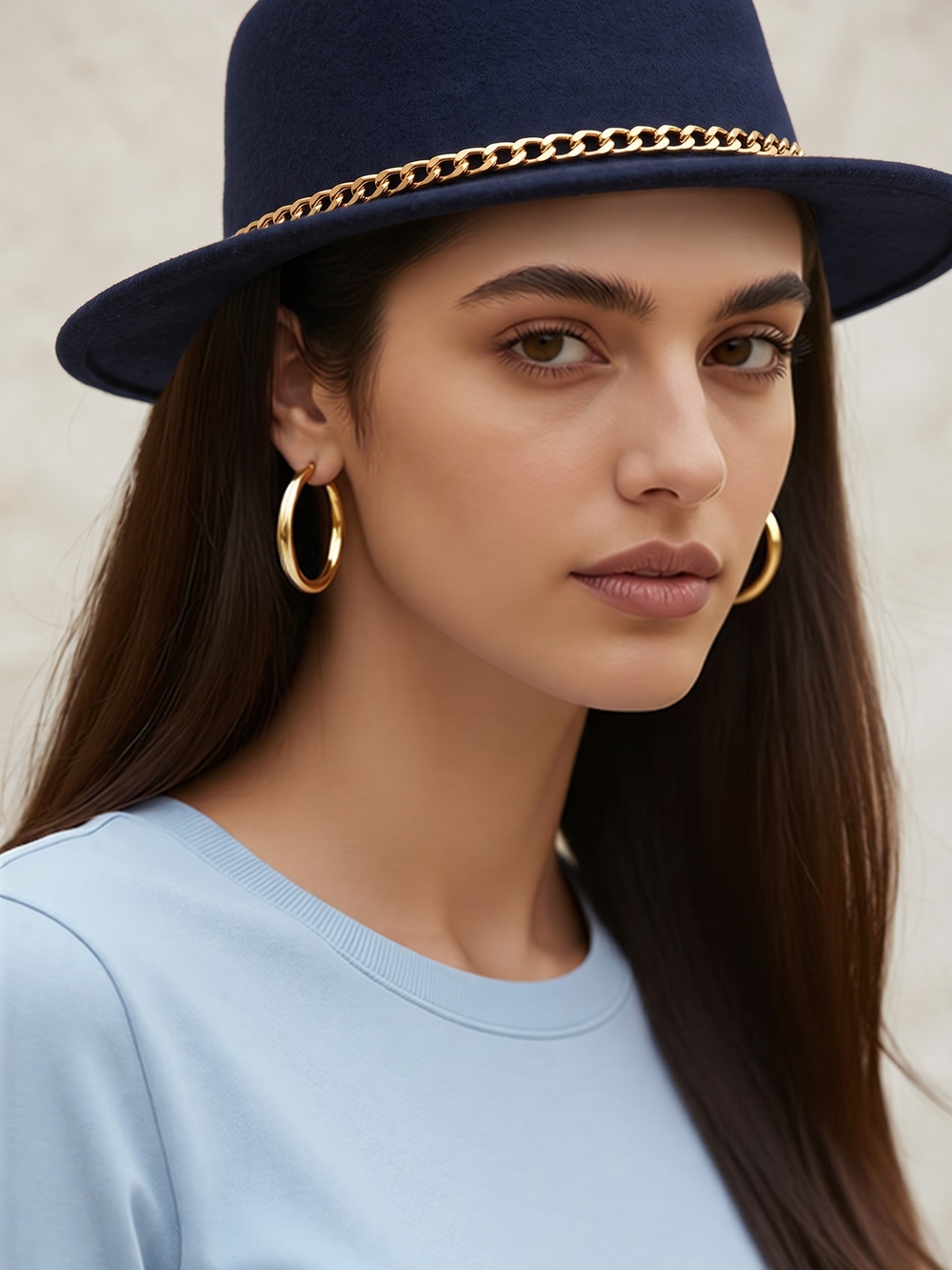 Wide Brim Fedora Hat Chain Band Navy Blue Felt Boho Style